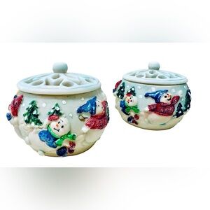 Christmas Winter Snowmen Ceramic Translucent Tealight Potpourri Lidded Bowls Set